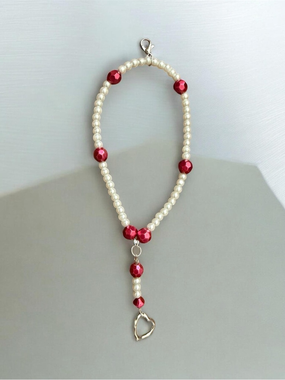 Glass Pearl and Pink Bead Heart Charm Bracelet - Women Jewelry